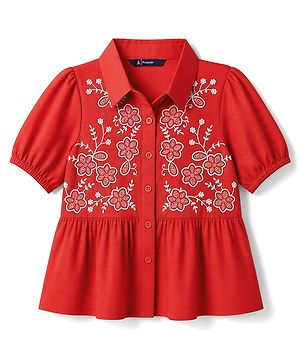 Pine Kids Woven Half Sleeves Peplum Top With Floral Embroidered Detail - Red
