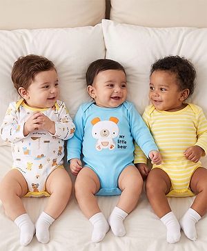 Babyhug 100% Cotton Interlock Knit Full Sleeves Striped Onesies With Teddy Bear Print & Applique Pack of 3 - White, Light Blue& Yellow