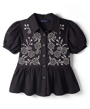 Pine Kids Rayon Woven Half Sleeves Peplum Top with Floral Embroidered Details - Black
