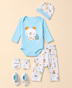 Babyhug 100% Cotton Interlock Knit Full Sleeves Animal Printed Onesies with Leggings & Cap Mittens and Booties - Light Blue