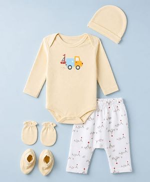 Babyhug 100% Cotton Interlock Knit Full Sleeves Truck Printed Onesie with Leggings & Cap Mittens and Booties - Cream