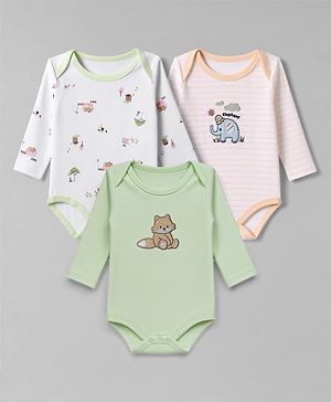 Babyhug 100% Cotton Interlock Knit Full Sleeves Onesies With House Print & Animal Patch Pack of 3 - White, Orange & Light Green