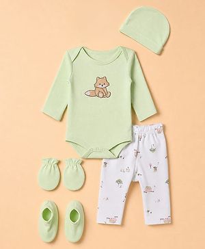 Babyhug 100% Cotton Interlock Knit Full Sleeves Fox Printed Onesies with Leggings & Cap Mittens and Booties - Light Green