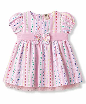 ToffyHouse Cotton Knit Half Sleeves
                              Printed Party Dress With Bow Applique -
                              Multicolor