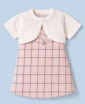 ToffyHouse Cotton Knit Sleeveless
                              Checks Party Frock With Jacket - Pink
                              & White