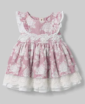 ToffyHouse Cotton Knit Sleeveless Party Dress With Floral Print & Lace Detailing - Pink & White
