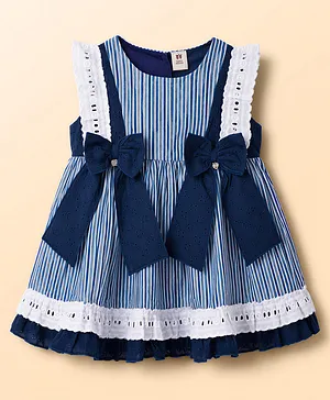 ToffyHouse Cotton Knit Sleeveless
                              Striped Party Dress With Bow Applique -
                              Navy Blue