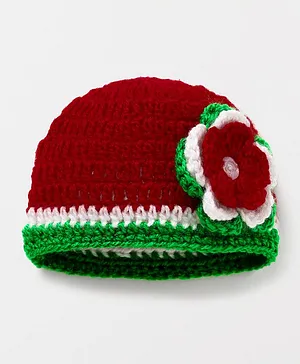 Knits & Knots Cap With Flower Work - Red