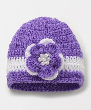 Knits & Knots Flower & Pearls Design Cap - Purple & White
