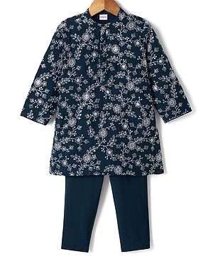 Babyhug Georgette Woven Full Sleeves Floral Embroidered Kurta & Pyjama Set - Navy Blue