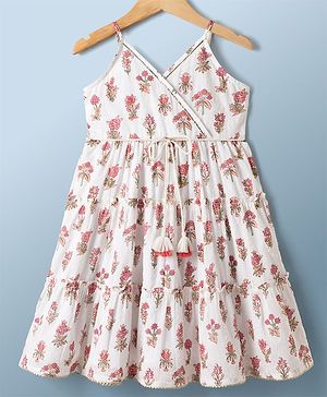 Babyhug Cambric Woven Sleeveless Floral Printed Ethnic Dress - White