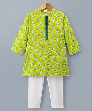 Babyhug Cambric Woven Full Sleeves Kurta Pyjama Set with Floral Print - Green