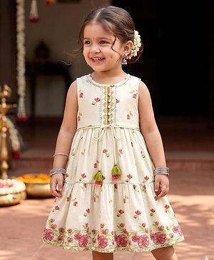 Babyhug Cambric Woven Sleeveless Ethnic Dress with Floral Print - White