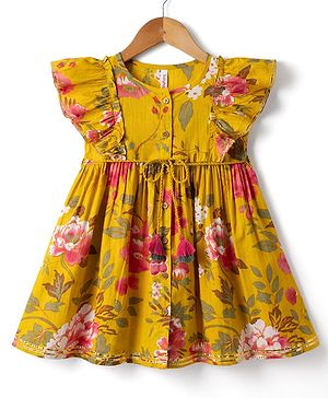 Babyhug Cambric Woven Sleeveless Floral Printed Ethnic Dress - Mustard