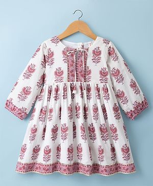 Babyhug Cambric Woven Three Forth Sleeves Floral Printed Ethnic Dress - White