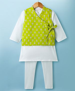 Babyhug 100% Cotton Cambric Woven Full Sleeves Kurta & Pyjama Set With Floral Printed Jacket - Lime Green