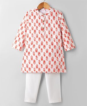 Babyhug 100% Cotton Cambric Woven Full Sleeves Floral Printed Kurta & Pyjama Set - White