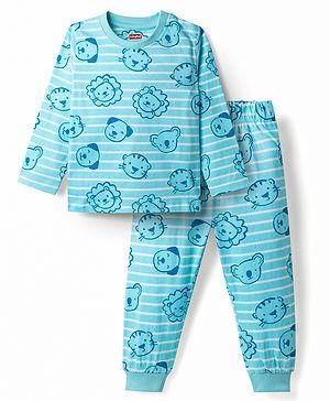 Babyhug Cotton Knit Full Sleeves T-Shirt & Pyjama Co-Ord Striped Night Suit With Animal Print - Blue