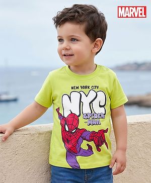Babyhug Marvel Cotton Knit T-Shirt with Spider-Man Graphic Half Sleeves Round Neck Limegreen 6-9 Months