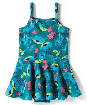 Babyhug Water Repellant Lycra Sleeveless Frock Swimsuit With Floral Print - Green