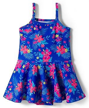 Babyhug Sleeveless Floral Printed Water Repellant Frock Swimsuit - Blue