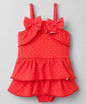 Babyhug Water Repellant Sleeveless Frock Swimsuit with Polka Dot Print & Bow Applique - Red