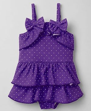 Babyhug Water Repellant Sleeveless Frock Swimsuit with Polka Dot Print & Bow Applique - Lavender