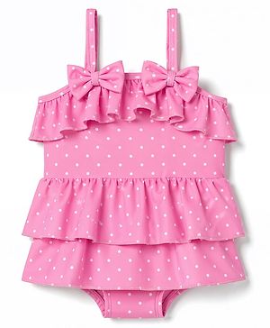 Babyhug Water Repellant Sleeveless Frock Swimsuit with Polka Dots Print & Bow Applique - Pink