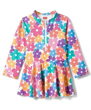 Babyhug Water Repellant Raglan Full Sleeves Frock Swimsuit with Floral Print - Multicolour