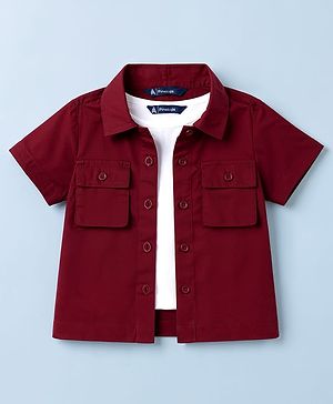 Pine Kids 100% Cotton Woven Half Sleeves Solid Shirt Style Top With Inner Tee - Wine