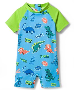 Babyhug Water Repellent Half Raglan Sleeves Legged Swimsuit with Dino Print - Blue
