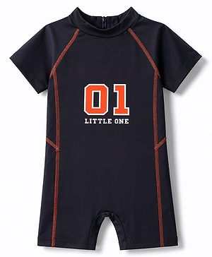 Babyhug Water Repellent Half  Raglan Sleeves Legged Swimsuit With Text Print- Black
