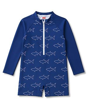 Babyhug Water Repellant  Raglan Sleeves Legged Swimsuit With Shark Print - Navy Blue