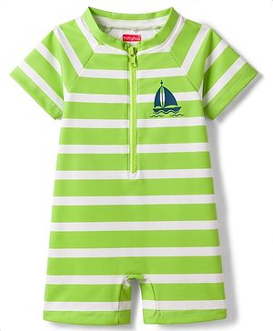 Babyhug Water Repellant Raglan Half  Sleeves Stripped Legged Swimsuit Boat Print - Green