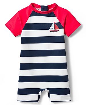 Babyhug Water Repellant Raglan Half  Sleeves Stripped Legged Swimsuit Boat Print - Navy