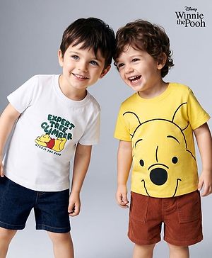 Babyhug Disney Cotton Knit Half Sleeve T-Shirts with Winnie the Pooh Graphics Pack of 2 - White & Yellow