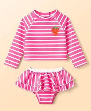 Babyhug Water Repellant Raglan Full Sleeves Two Piece Swimsuit with Stripes & Strawberry Print - Print
