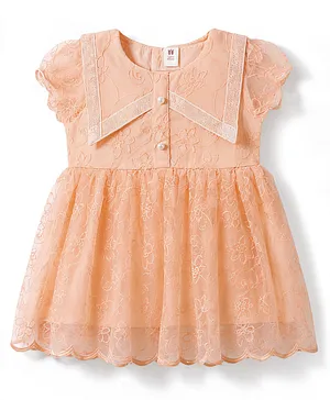 ToffyHouse Knit Half Sleeves Floral
                              Embroidered Party Dress - Peach
