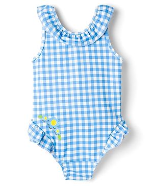 Babyhug Water Repellent Sleeveless Checks V Cut Swimsuit with Floral Print - Light Blue