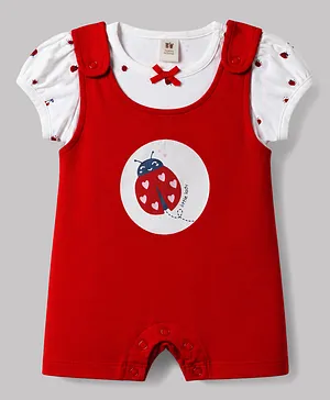 ToffyHouse Cotton Woven Dungaree
                              & Half Sleeves Inner Tee with Ladybug
                              Print - Red