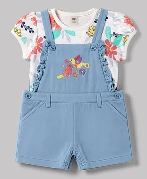 ToffyHouse Cotton Woven Dungaree
                              & Half Sleeves Inner Tee with Floral
                              Print & Bird Embroidery - Light Blue