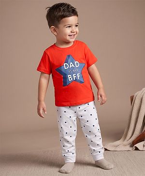 Babyhug 100% Cotton Knit Half Sleeves T-Shirt & Pyjama Night Suit With Star & Text Print - Red
