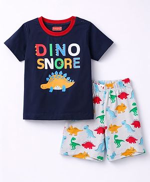 Babyhug Cotton Knit Half Sleeves T-Shirt & Shorts Night Suit With Dino Print - Blue