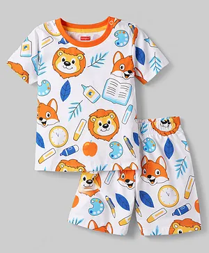 Babyhug Cotton Knit Half Sleeves
                              Co-Ord T-Shirt & Shorts Night Suit
                              With Lion Print - White