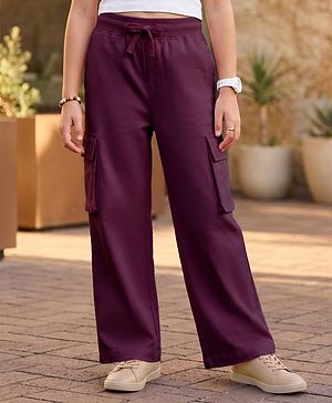 Pine Kids Cotton Knit Full Length Solid Track Pant With Cargo Pockets - Plum