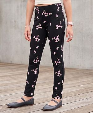 Pine Kids Cotton Lycra Knit Full Length Floral Printed Leggings With Stretch - Black