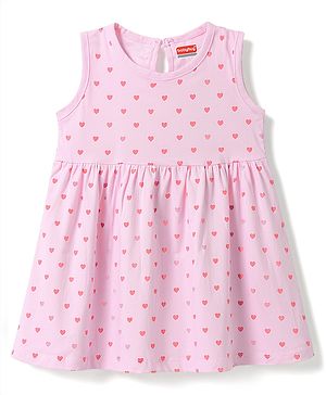 Babyhug Single Jersey Knit Sleeveless Flared One Piece Dress With Heart Print - Pink