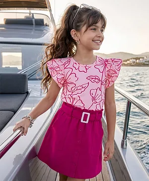 OLLINGTON ST. Set Of Cotton Knit
                              Floral Printed Half Sleeve Top &
                              Skirts Set With Belt - Pink