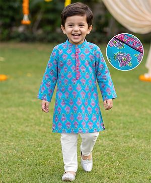 Babyhug 100% Cotton Cambric Woven Full Sleeves Floral Printed Kurta & Pyjama Set - Yellow