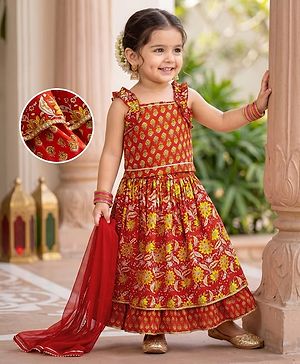 Babyhug 100% Cotton Cambric Woven Sleeveless Floral Printed Lehenga Choli Set With Dupatta - Red